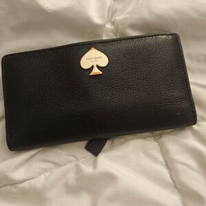 Kate Spade Black Leather Wallet Large Bow Zipper Pull Snap Closure